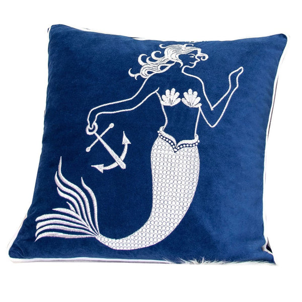 Niva Square Throw Pillow, Embroidered White Mermaid, Blue Velvet, 20 Inch - BM349985