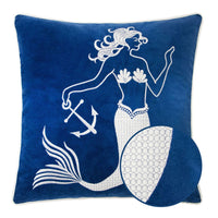 Niva Square Throw Pillow, Embroidered White Mermaid, Blue Velvet, 20 Inch - BM349985