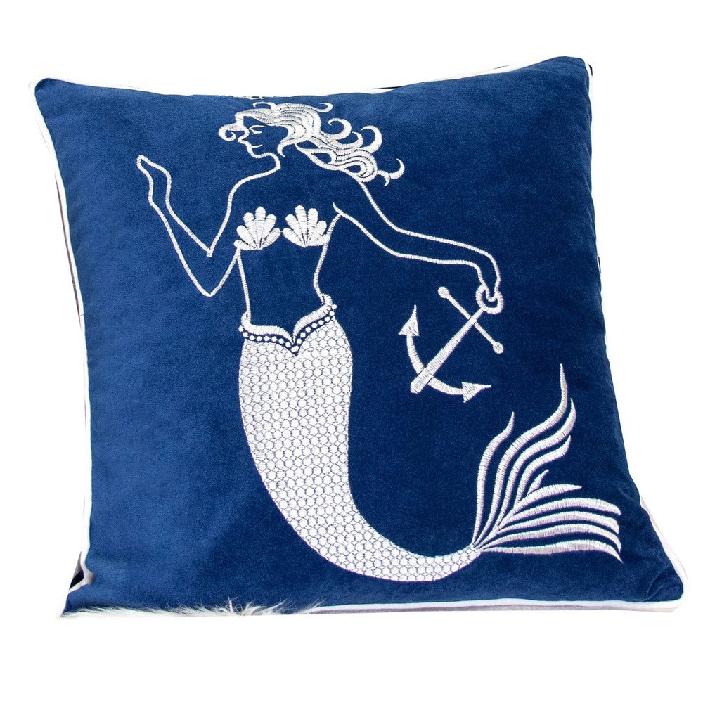 Niva Square Throw Pillow, Embroidered White Mermaid, Blue Velvet, 20 Inch - BM349985