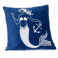 Niva Square Throw Pillow, Embroidered White Mermaid, Blue Velvet, 20 Inch - BM349985