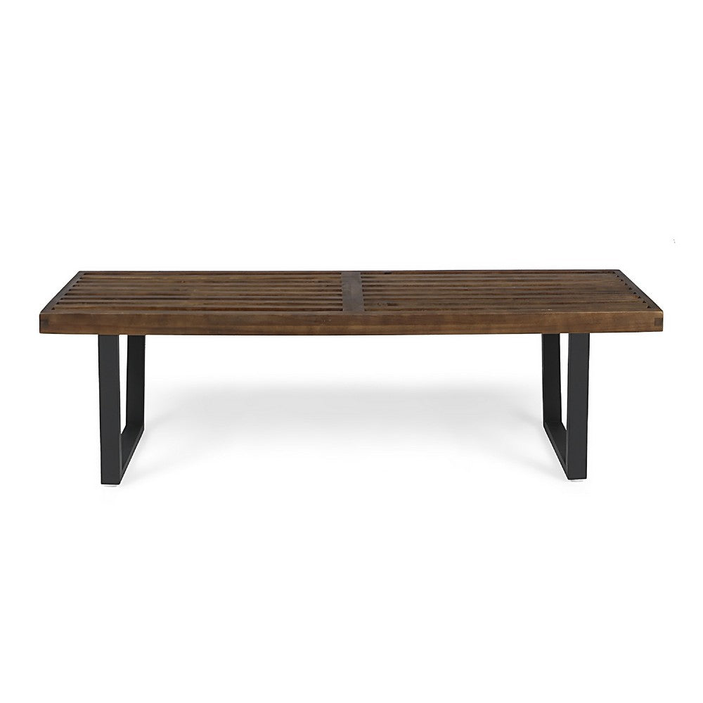 Cior Outdoor Dining Bench, 62 Inch Slatted Brown Acacia Wood, Sled Base - BM349988