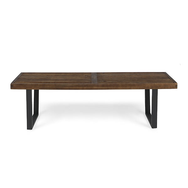 Cior Outdoor Dining Bench, 62 Inch Slatted Brown Acacia Wood, Sled Base - BM349988