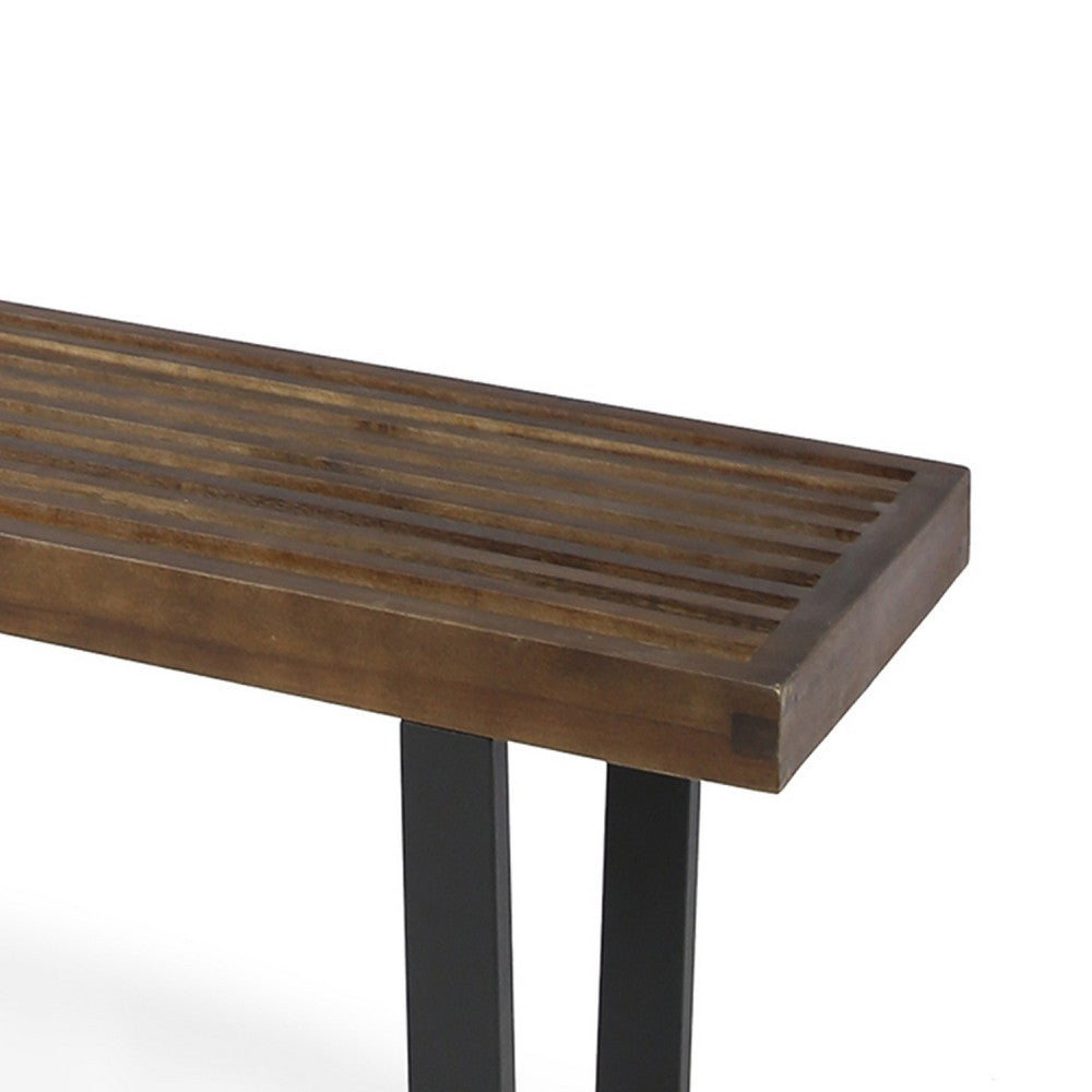 Cior Outdoor Dining Bench, 62 Inch Slatted Brown Acacia Wood, Sled Base - BM349988