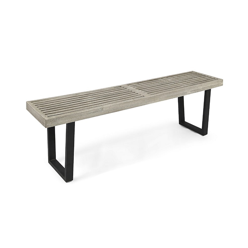 Cior Outdoor Dining Bench, 62 Inch Slatted Gray Acacia Wood, Sled Base - BM349989
