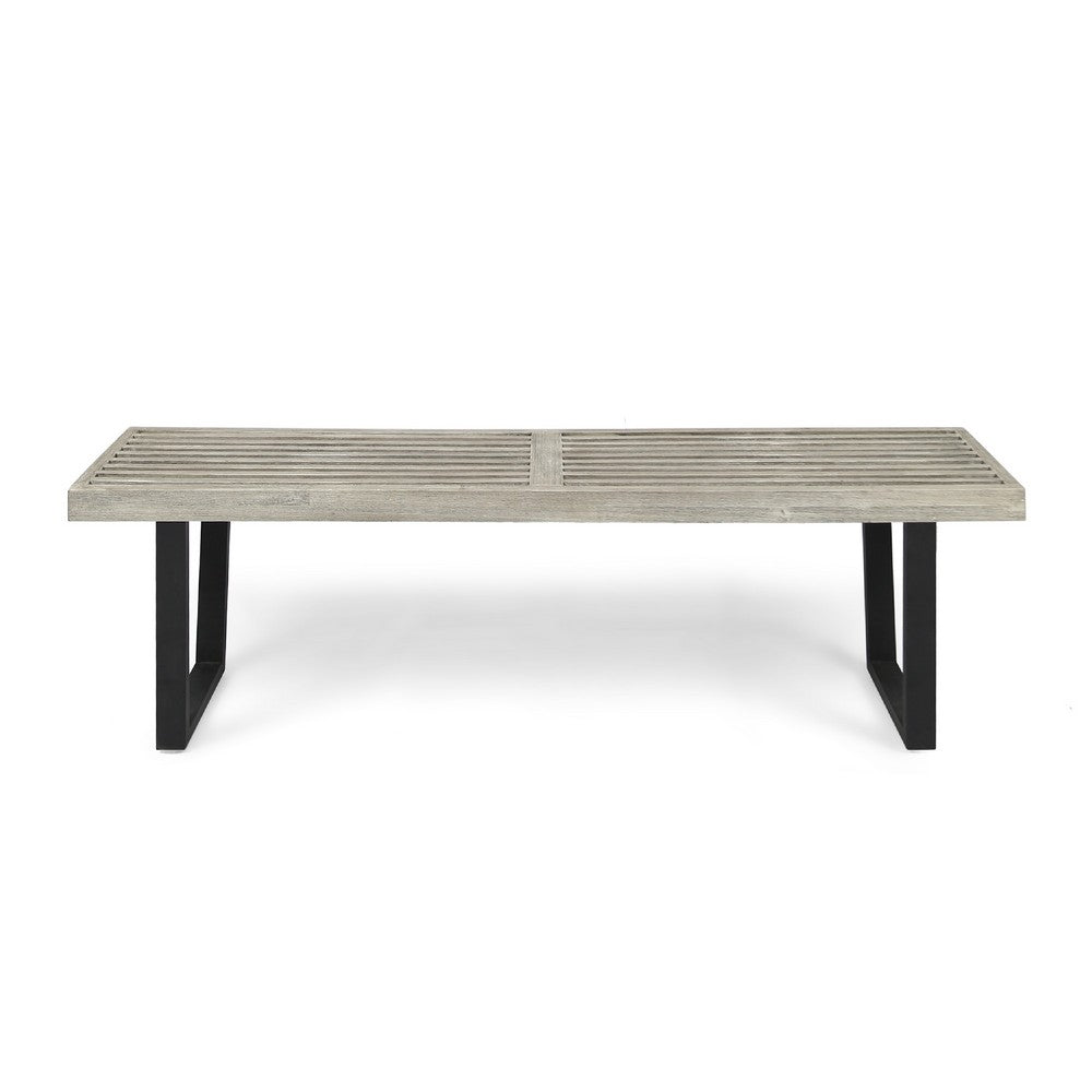 Cior Outdoor Dining Bench, 62 Inch Slatted Gray Acacia Wood, Sled Base - BM349989