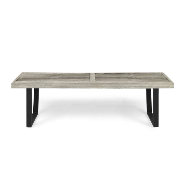 Cior Outdoor Dining Bench, 62 Inch Slatted Gray Acacia Wood, Sled Base - BM349989