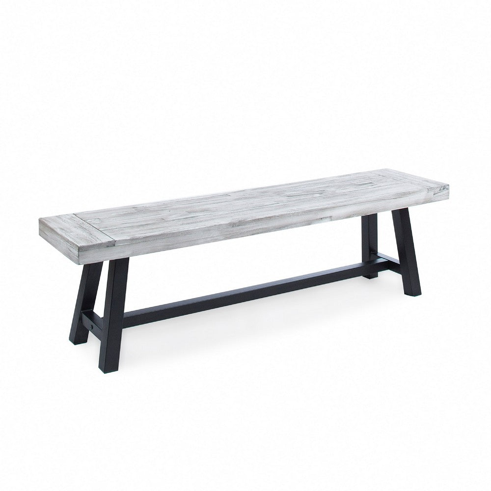 Outdoor Dining Bench, 63 Inch Sandblasted Gray Slatted Seat, Black Legs - BM349997