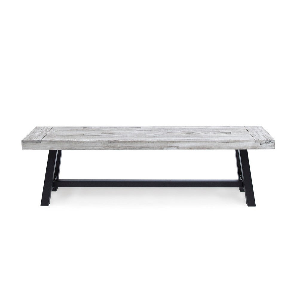 Outdoor Dining Bench, 63 Inch Sandblasted Gray Slatted Seat, Black Legs - BM349997