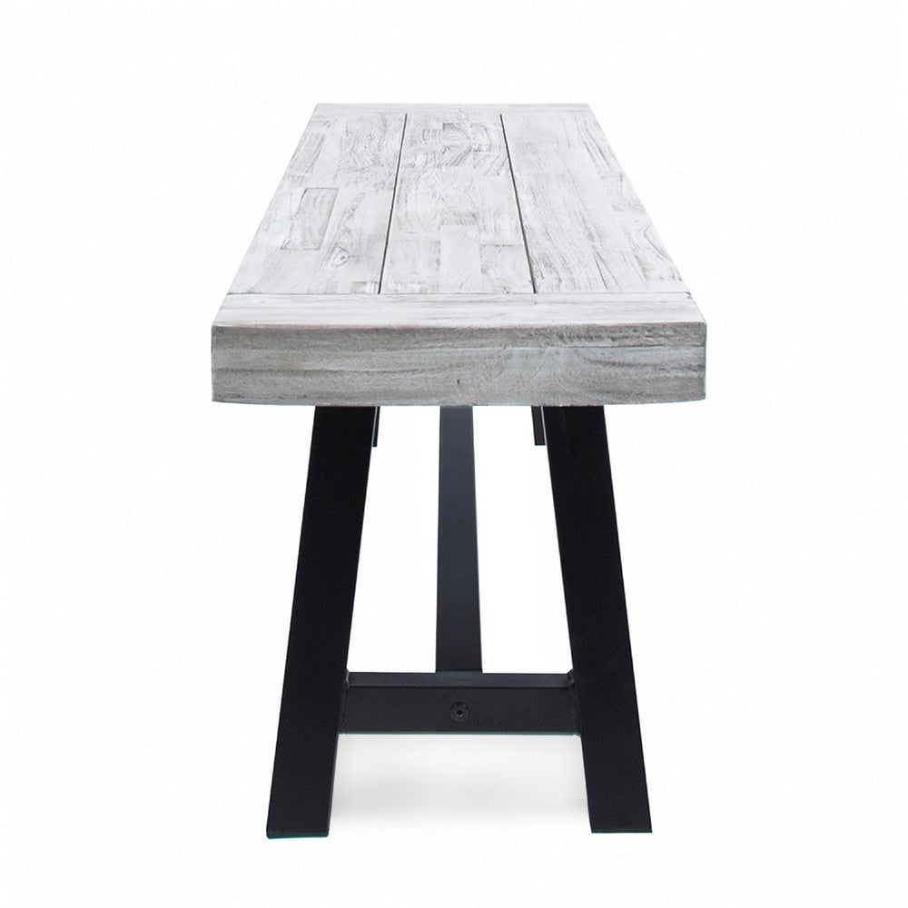 Outdoor Dining Bench, 63 Inch Sandblasted Gray Slatted Seat, Black Legs - BM349997