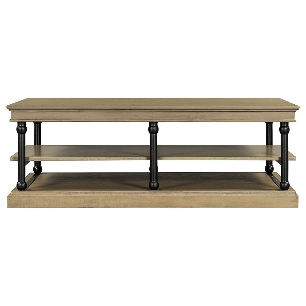 Bard Coffee Table, 55 Inch Brown Veneer, 2 Tier Shelves, Black Metal Legs - BM350001