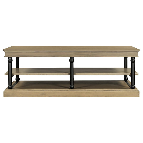 Bard Coffee Table, 55 Inch Brown Veneer, 2 Tier Shelves, Black Metal Legs - BM350001