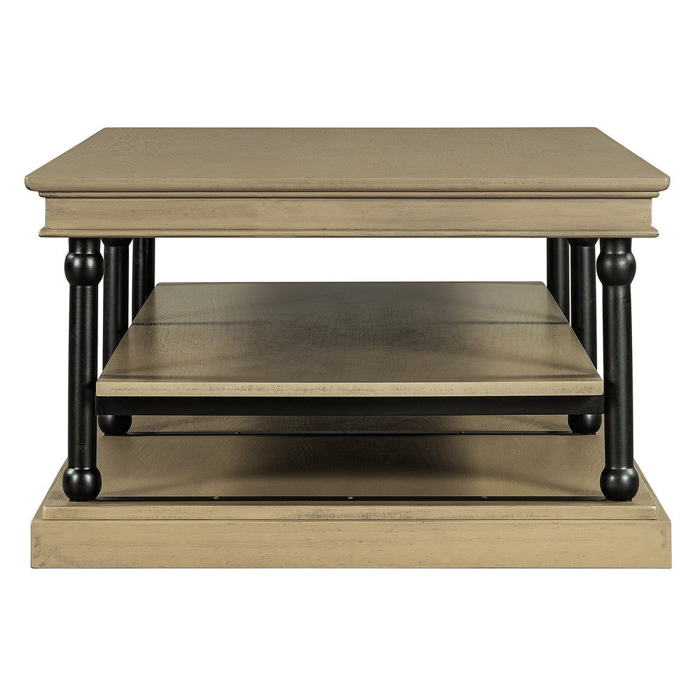 Bard Coffee Table, 55 Inch Brown Veneer, 2 Tier Shelves, Black Metal Legs - BM350001