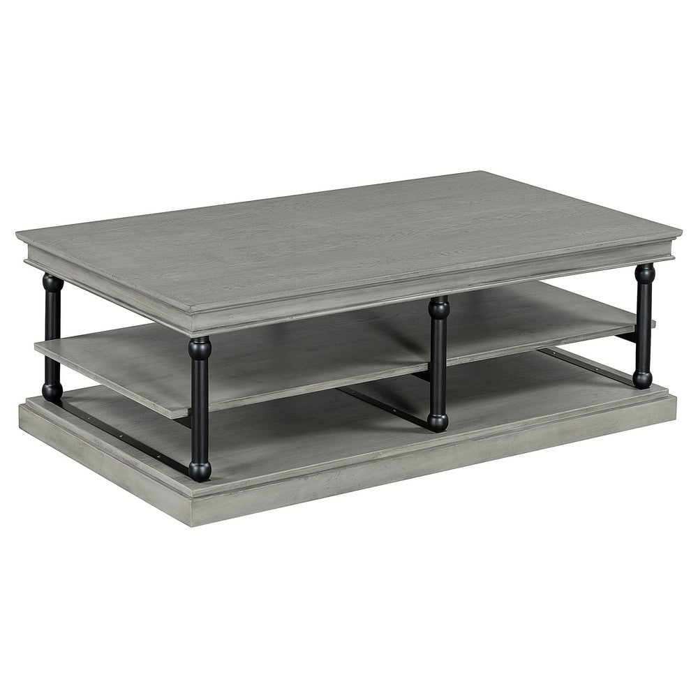 Bard Coffee Table, 55 Inch Gray Veneer, 2 Tier Shelves, Black Metal Legs - BM350002