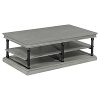 Bard Coffee Table, 55 Inch Gray Veneer, 2 Tier Shelves, Black Metal Legs - BM350002