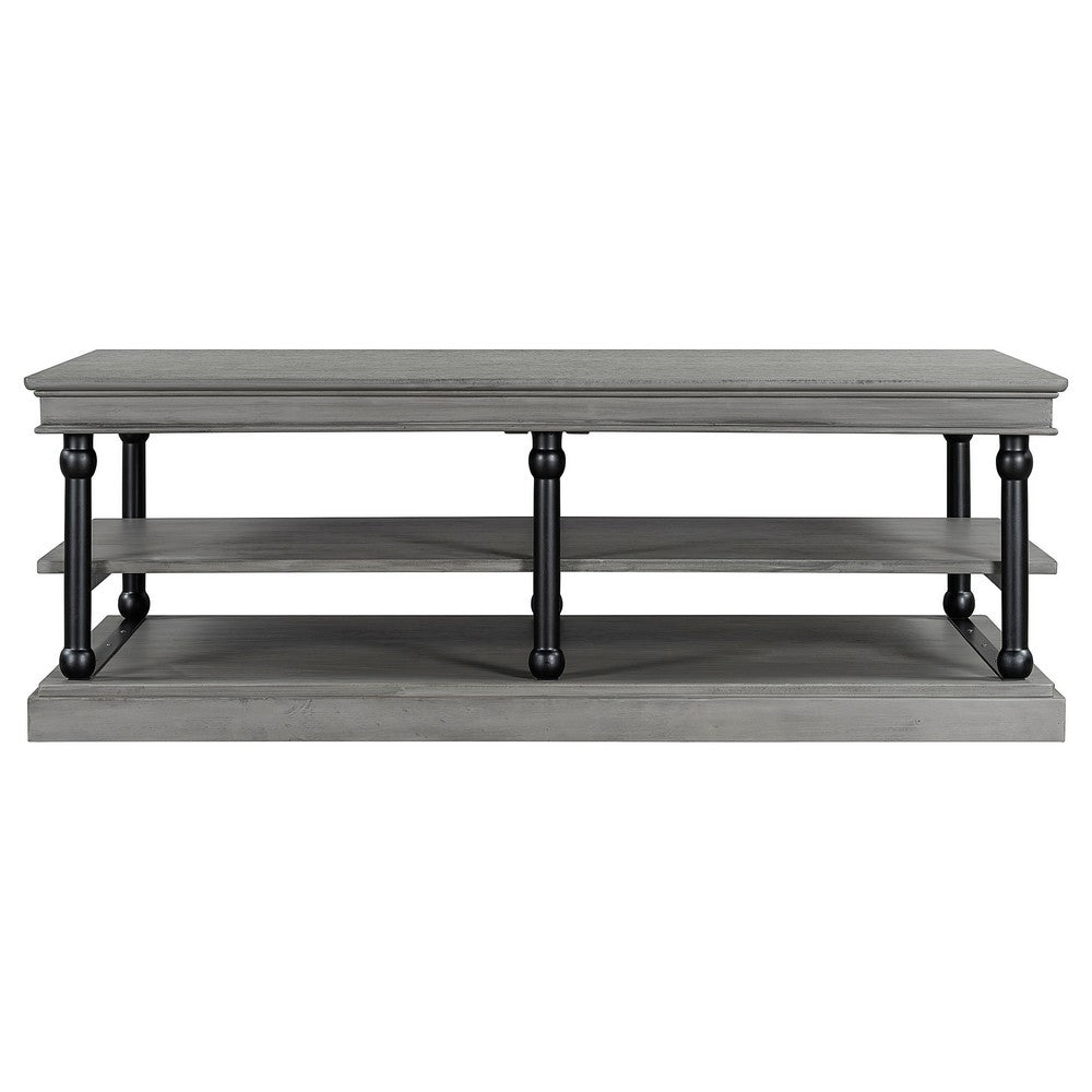 Bard Coffee Table, 55 Inch Gray Veneer, 2 Tier Shelves, Black Metal Legs - BM350002