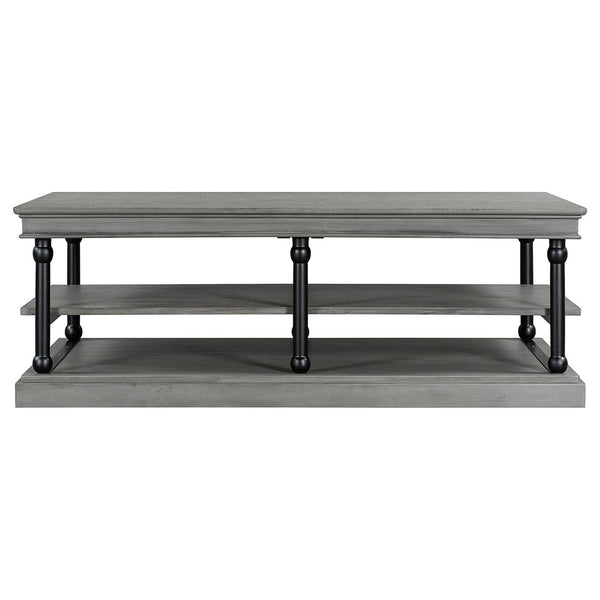 Bard Coffee Table, 55 Inch Gray Veneer, 2 Tier Shelves, Black Metal Legs - BM350002