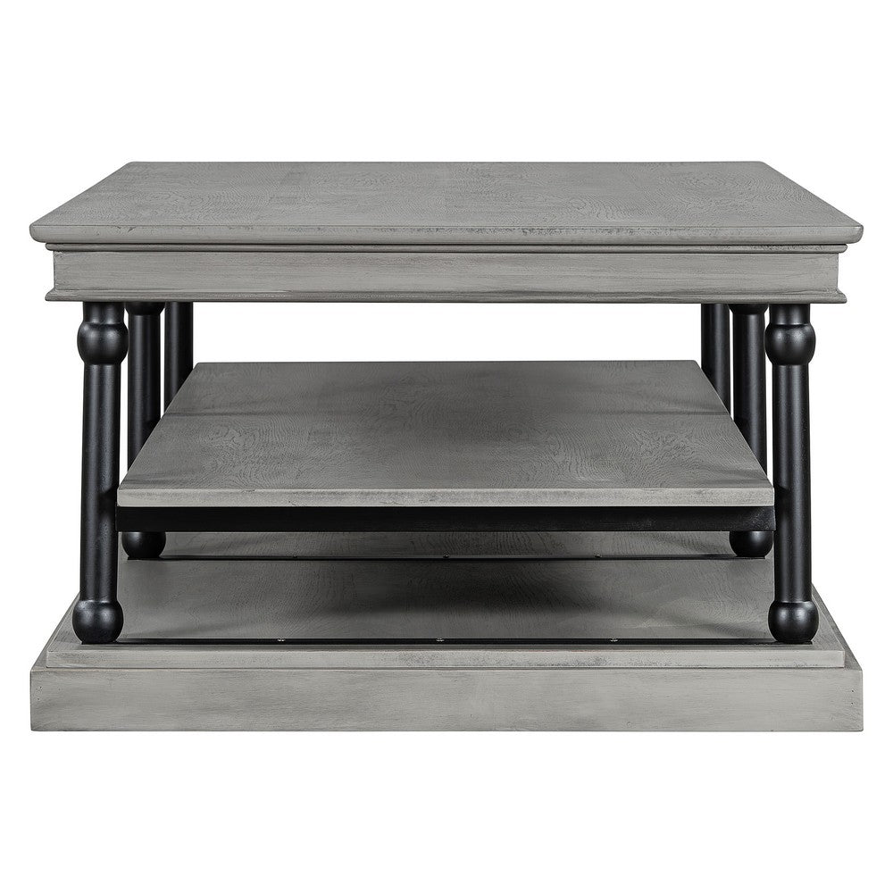 Bard Coffee Table, 55 Inch Gray Veneer, 2 Tier Shelves, Black Metal Legs - BM350002