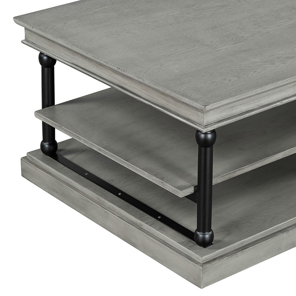 Bard Coffee Table, 55 Inch Gray Veneer, 2 Tier Shelves, Black Metal Legs - BM350002