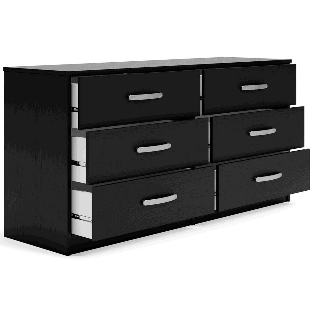 Finny Wide Dresser, 6 Drawers Nickel Handles, Plinth Base, Matte Black - BM350011