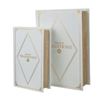 Faux Book Design Storage Boxes Set of 2, White Faux Leather, Gold Accent - BM350020