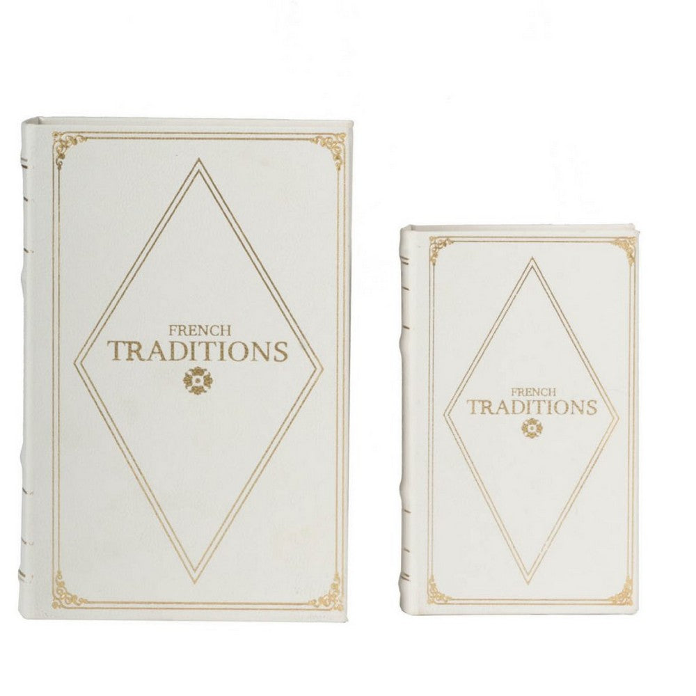 Faux Book Design Storage Boxes Set of 2, White Faux Leather, Gold Accent - BM350020