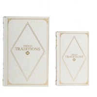 Faux Book Design Storage Boxes Set of 2, White Faux Leather, Gold Accent - BM350020
