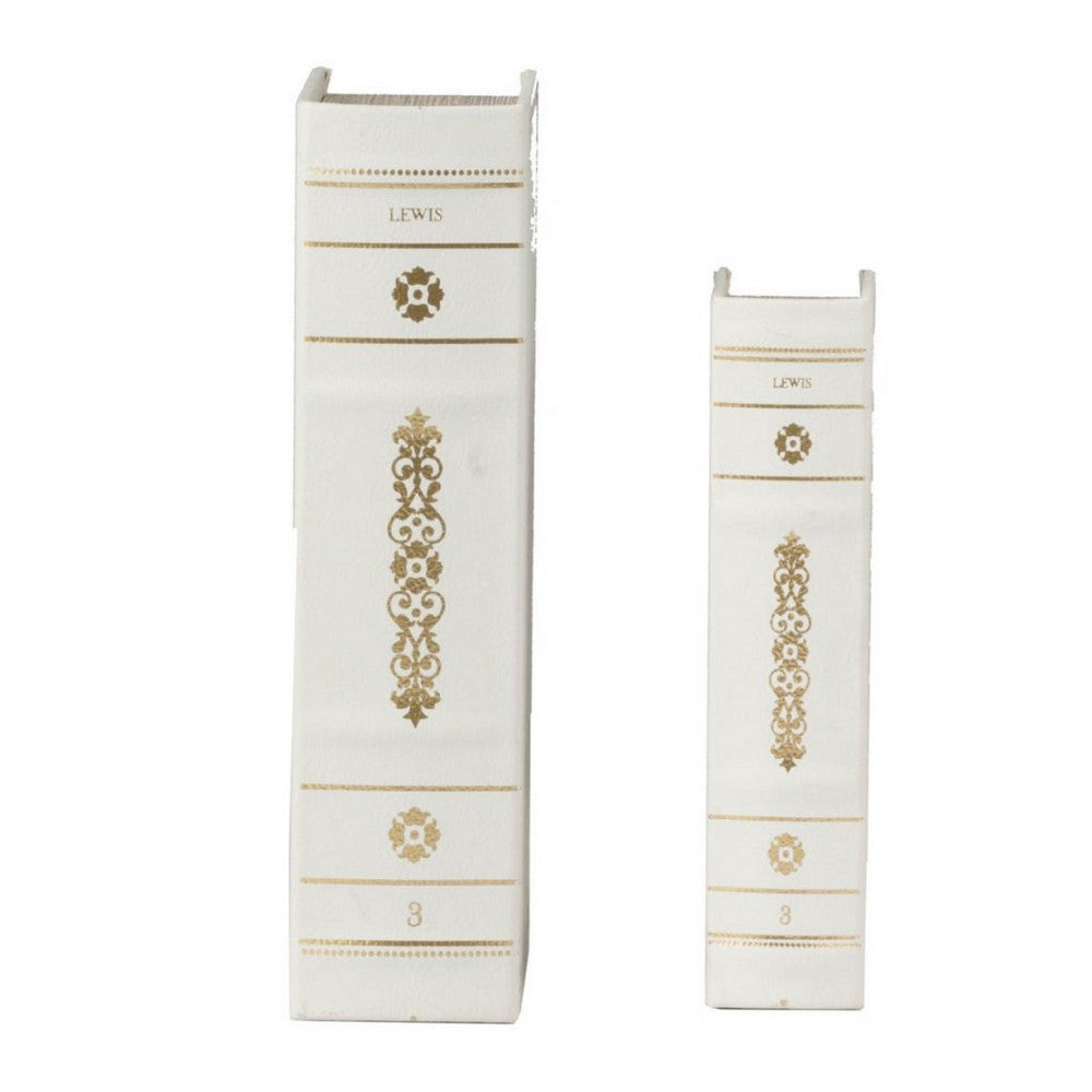 Faux Book Design Storage Boxes Set of 2, White Faux Leather, Gold Accent - BM350020