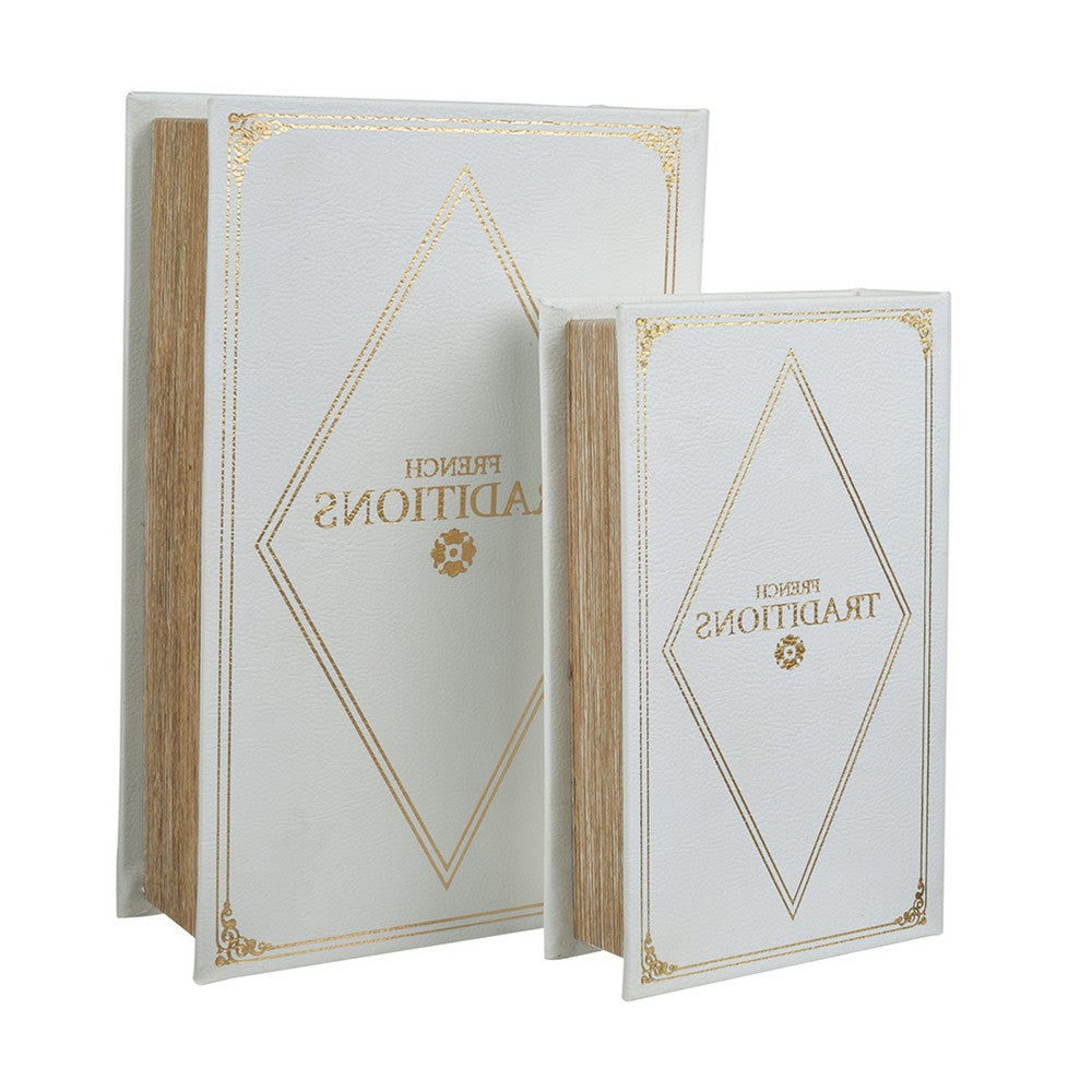 Faux Book Design Storage Boxes Set of 2, White Faux Leather, Gold Accent - BM350020