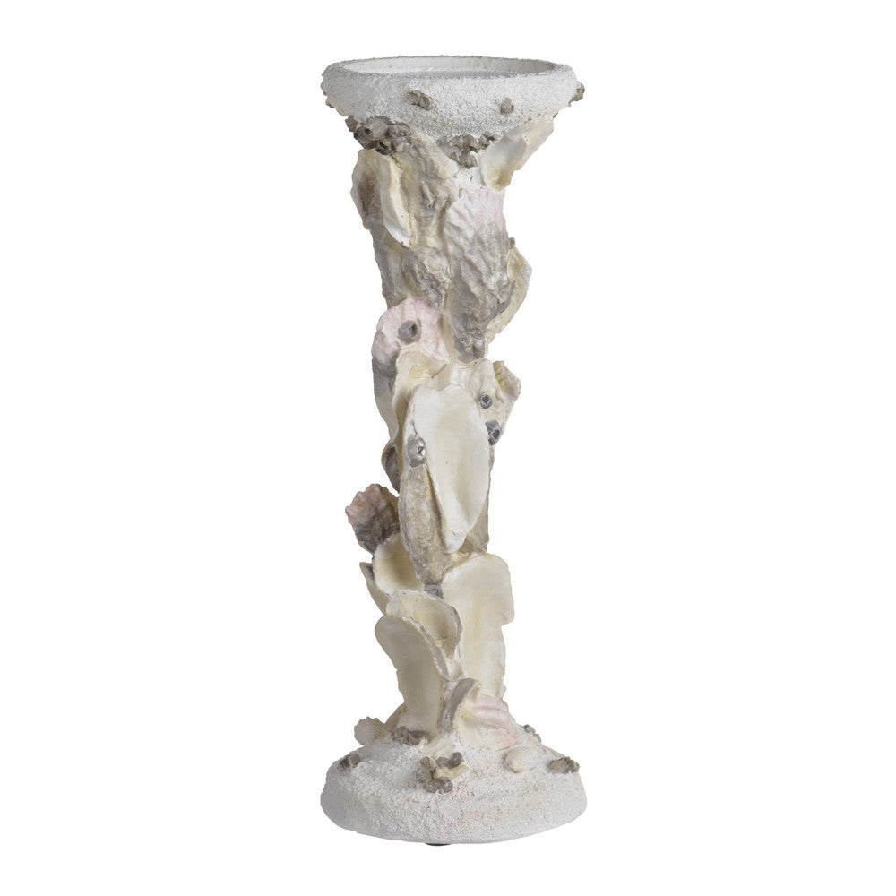 Pillar Candle Holder, Oyster Design 14 Inch Tall Coastal White Polyresin - BM350022