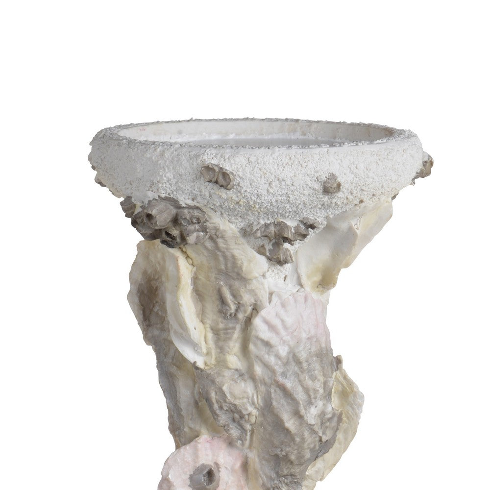 Pillar Candle Holder, Oyster Design 14 Inch Tall Coastal White Polyresin - BM350022