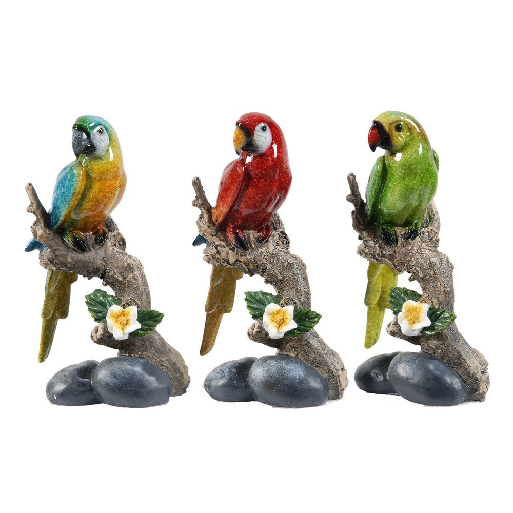 Tropical Bird Macaw Parrot on Branch Figurines, Green Red Blue , 3pc Set - BM350026