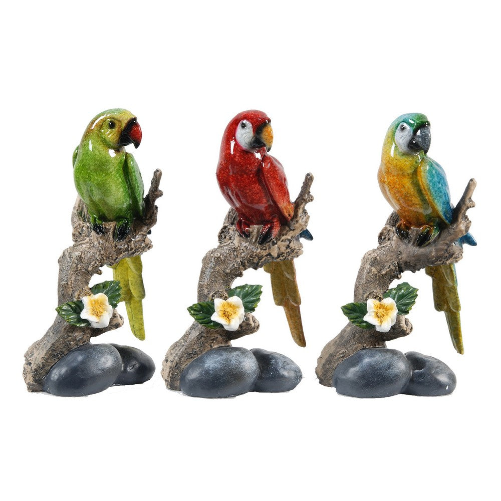Tropical Bird Macaw Parrot on Branch Figurines, Green Red Blue , 3pc Set - BM350026