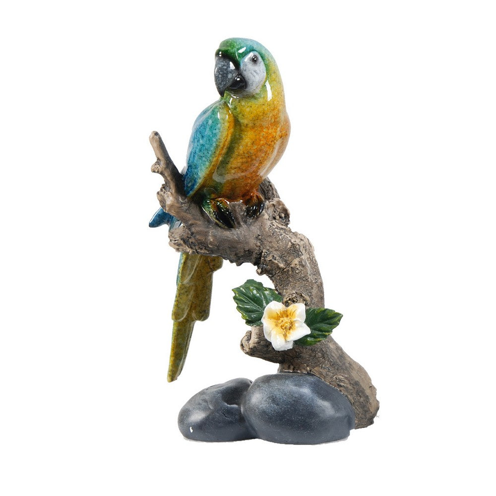 Tropical Bird Macaw Parrot on Branch Figurines, Green Red Blue , 3pc Set - BM350026