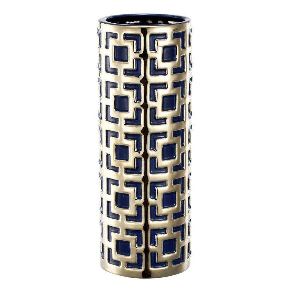 Flower Vase for Tabletop Decor, Geometric Gold, Blue Accent, 16 Inch - BM350033