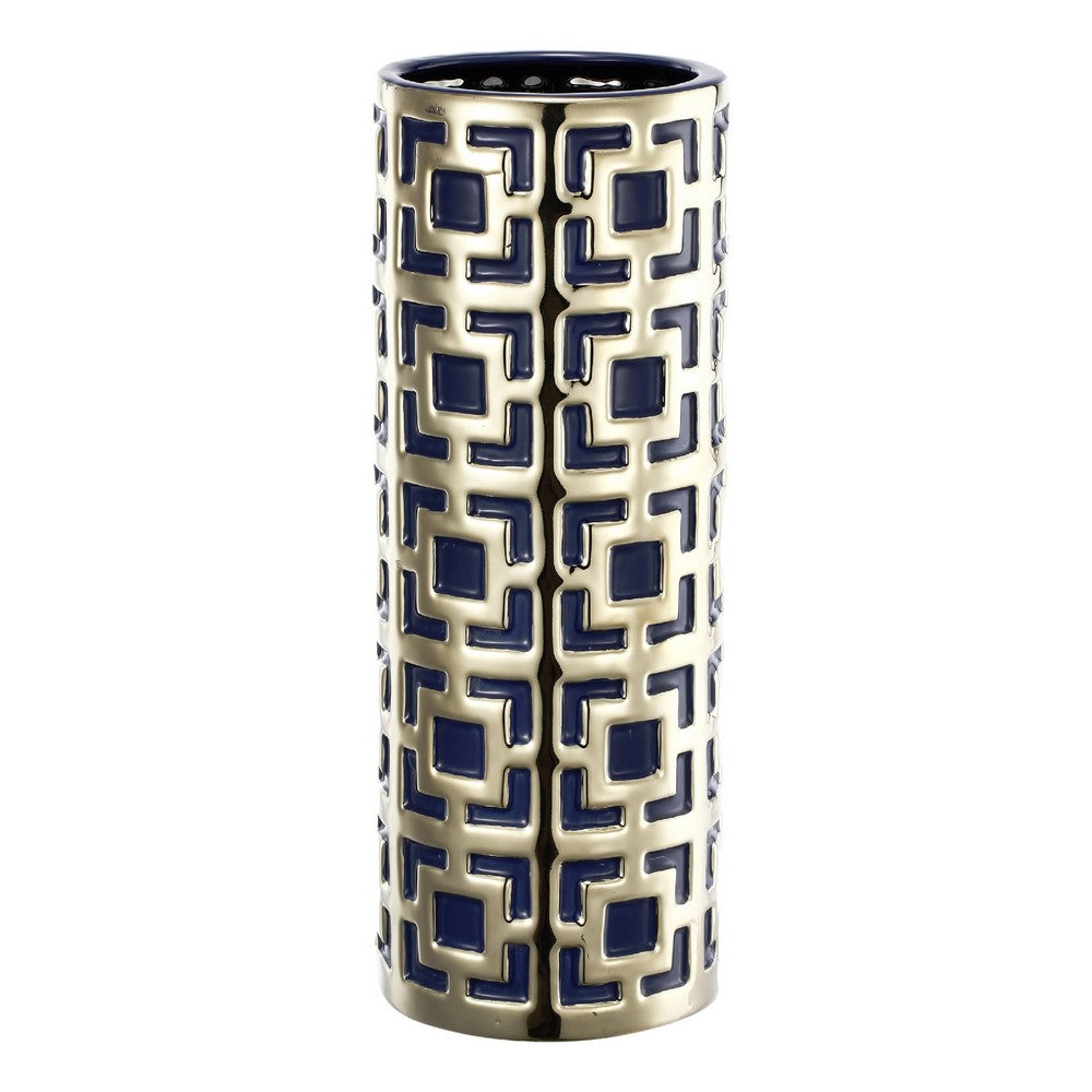 Flower Vase for Tabletop Decor, Geometric Gold, Blue Accent, 16 Inch - BM350033