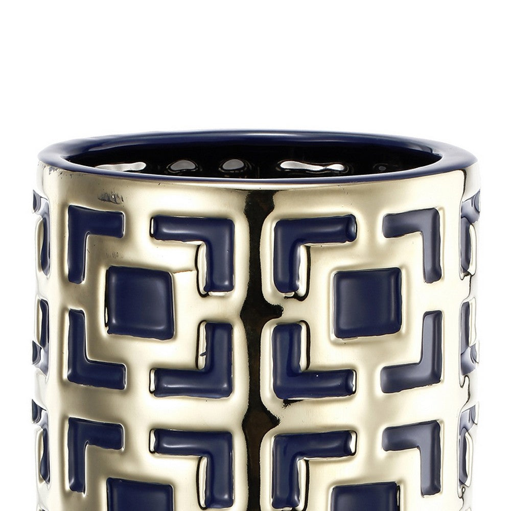 Flower Vase for Tabletop Decor, Geometric Gold, Blue Accent, 16 Inch - BM350033