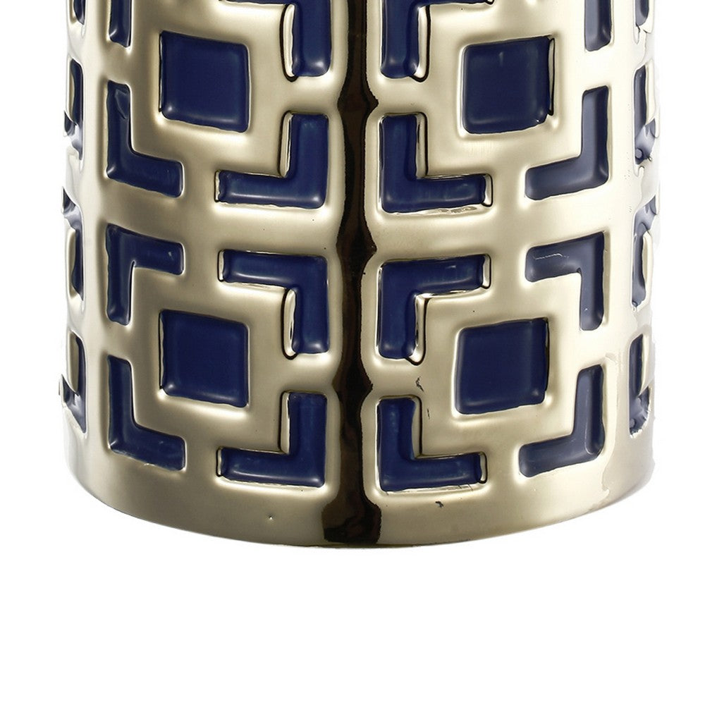 Flower Vase for Tabletop Decor, Geometric Gold, Blue Accent, 16 Inch - BM350033