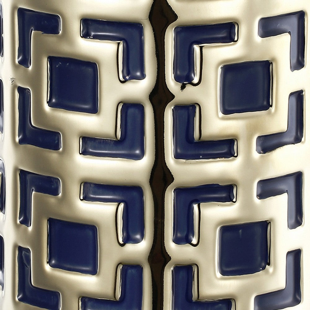 Flower Vase for Tabletop Decor, Geometric Gold, Blue Accent, 16 Inch - BM350033