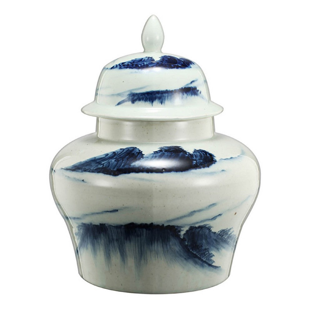 Decorative Ginger Jar with Lid, 17 Inch White and Blue Porcelain - BM350034
