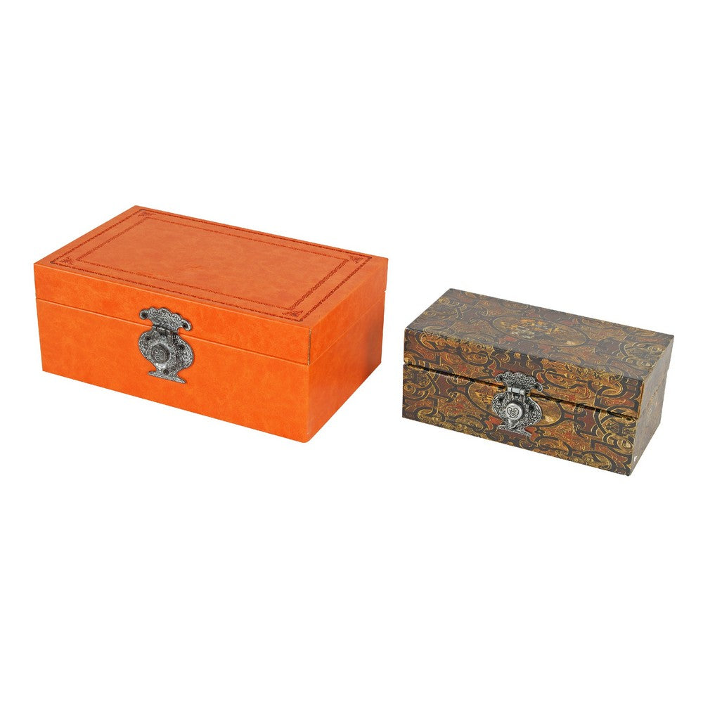 Storage Box Set of 2,  Heritage Motif Faux Leather, Orange Brown - BM350038