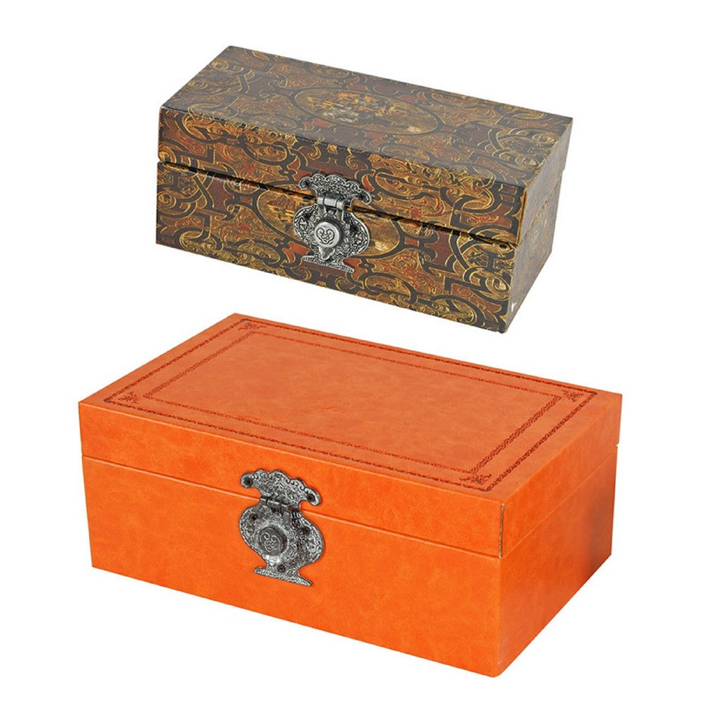 Storage Box Set of 2,  Heritage Motif Faux Leather, Orange Brown - BM350038