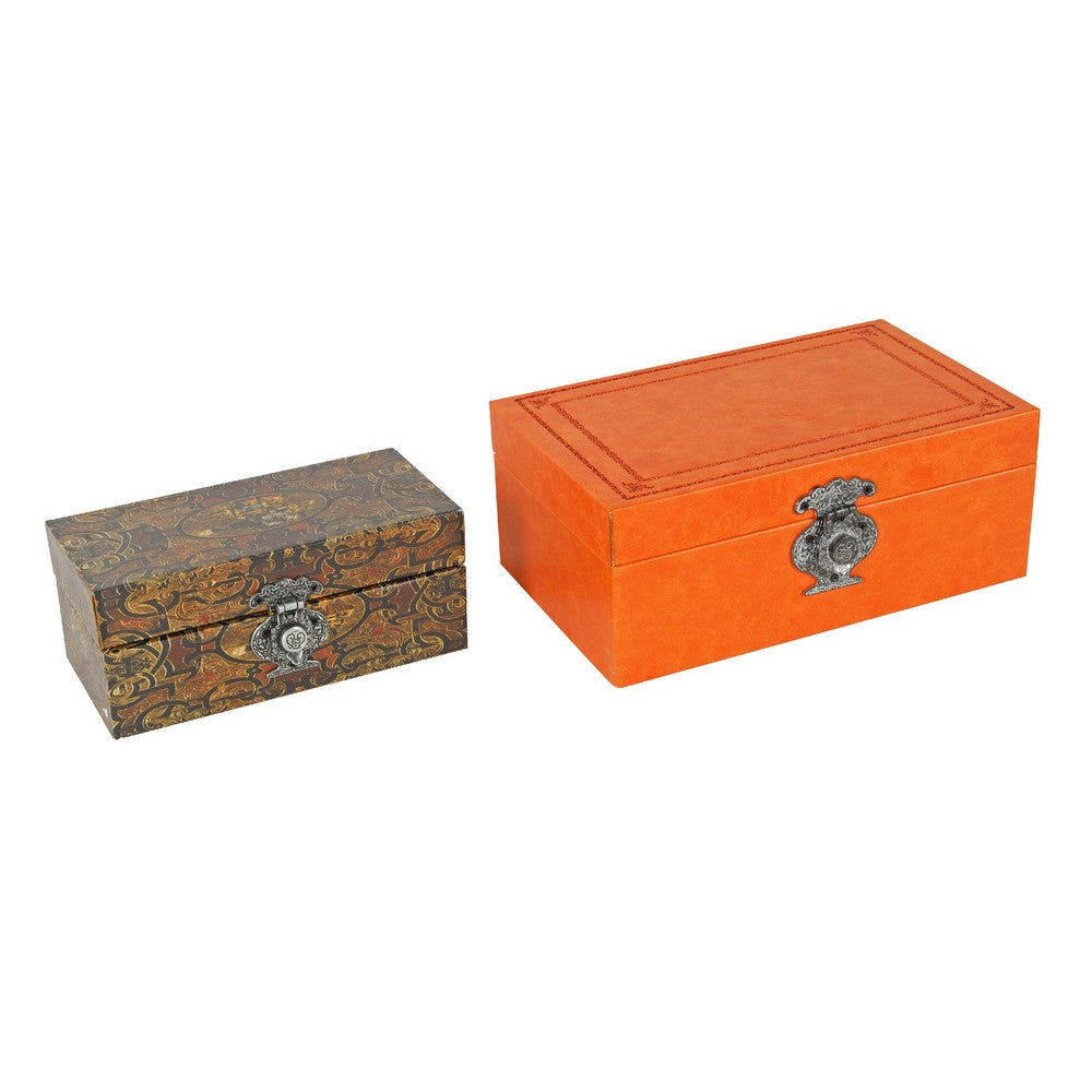 Storage Box Set of 2,  Heritage Motif Faux Leather, Orange Brown - BM350038