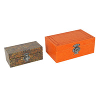 Storage Box Set of 2,  Heritage Motif Faux Leather, Orange Brown - BM350038