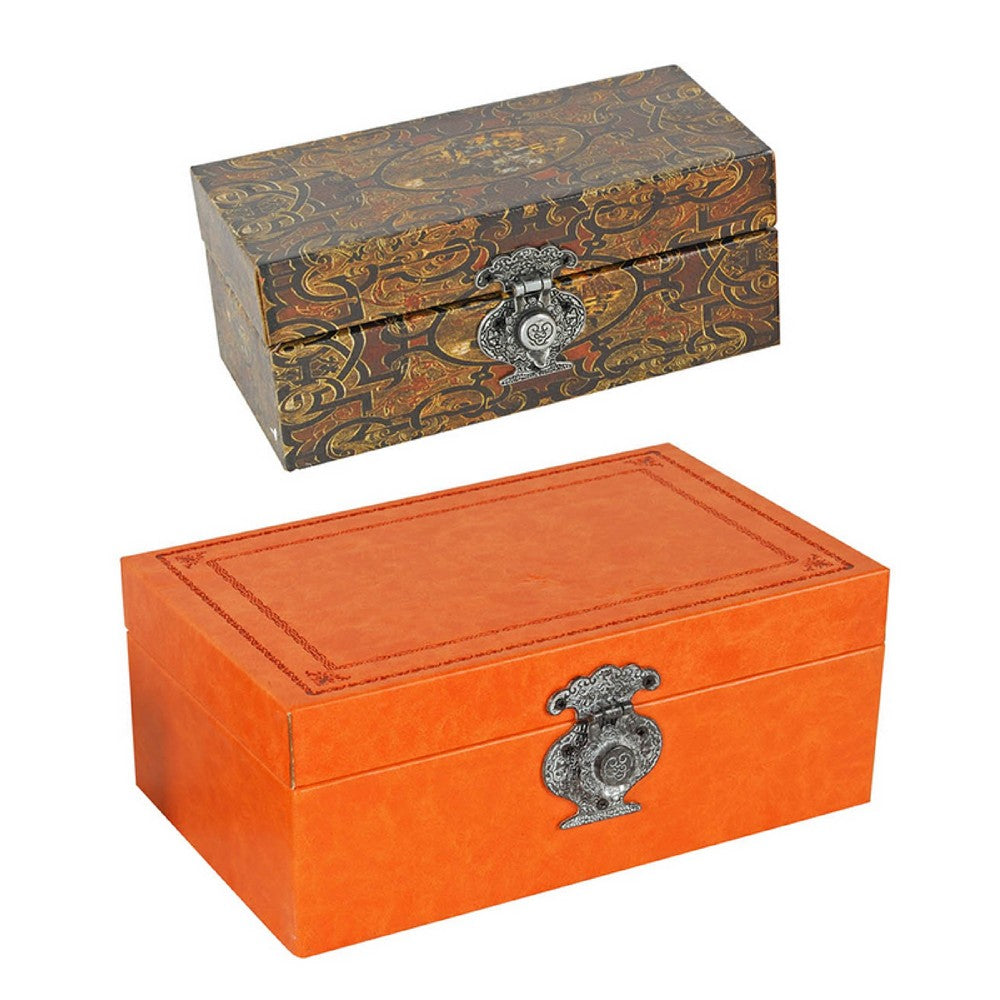 Storage Box Set of 2,  Heritage Motif Faux Leather, Orange Brown - BM350038