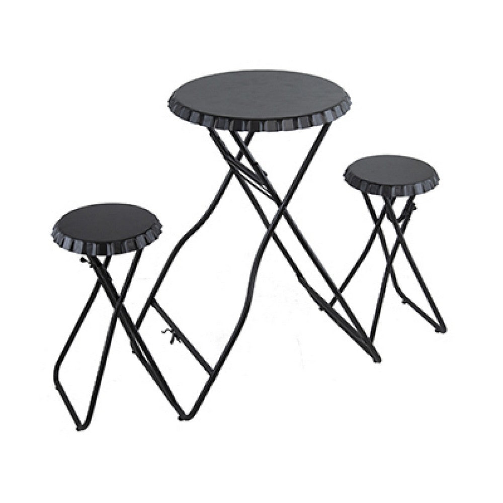 Stowable Folding Side Table and 2 Stool Set, Round Top, Black Iron - BM350040