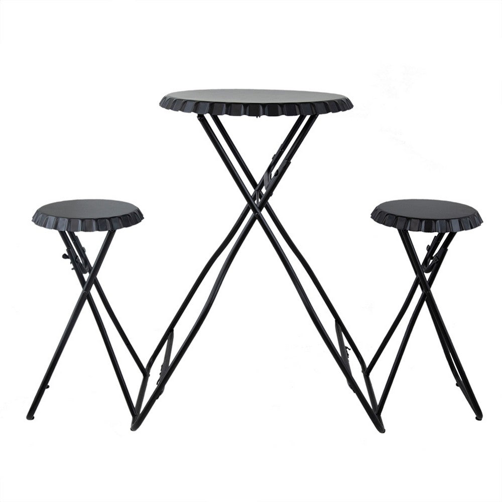 Stowable Folding Side Table and 2 Stool Set, Round Top, Black Iron - BM350040