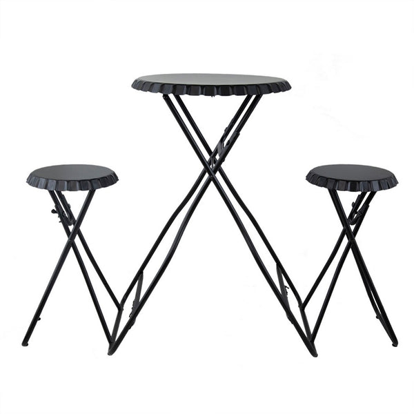 Stowable Folding Side Table and 2 Stool Set, Round Top, Black Iron - BM350040