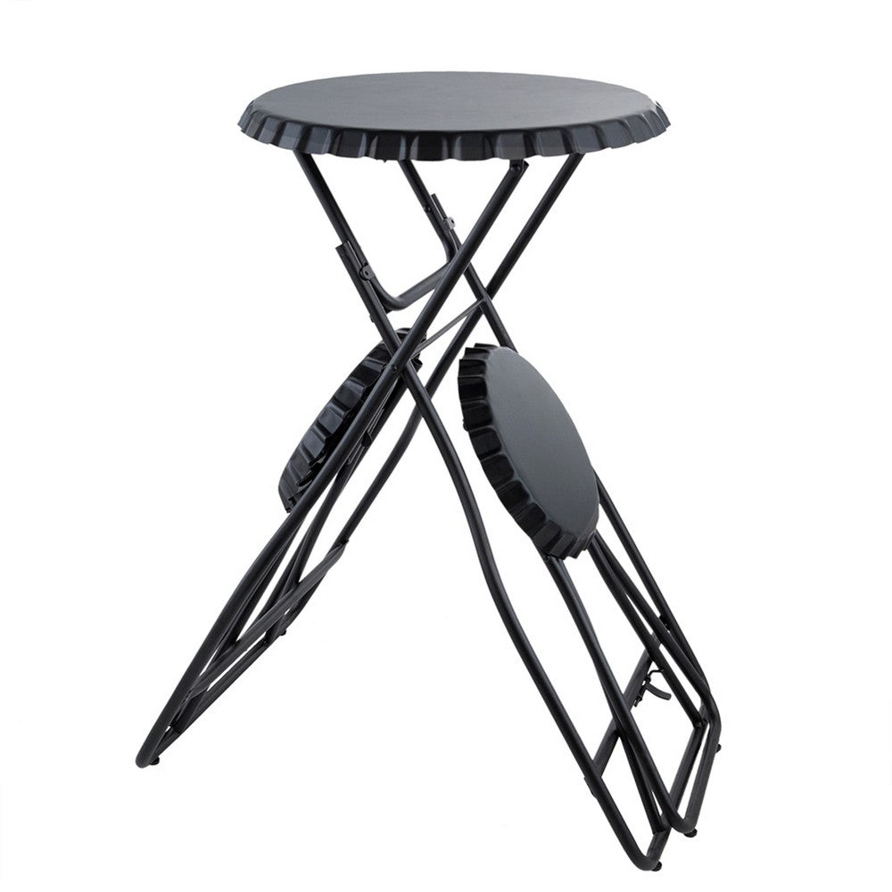 Stowable Folding Side Table and 2 Stool Set, Round Top, Black Iron - BM350040