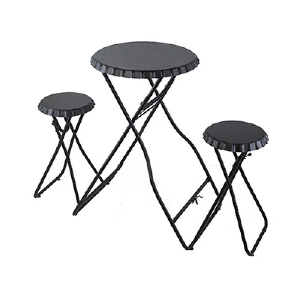 Stowable Folding Side Table and 2 Stool Set, Round Top, Black Iron - BM350040