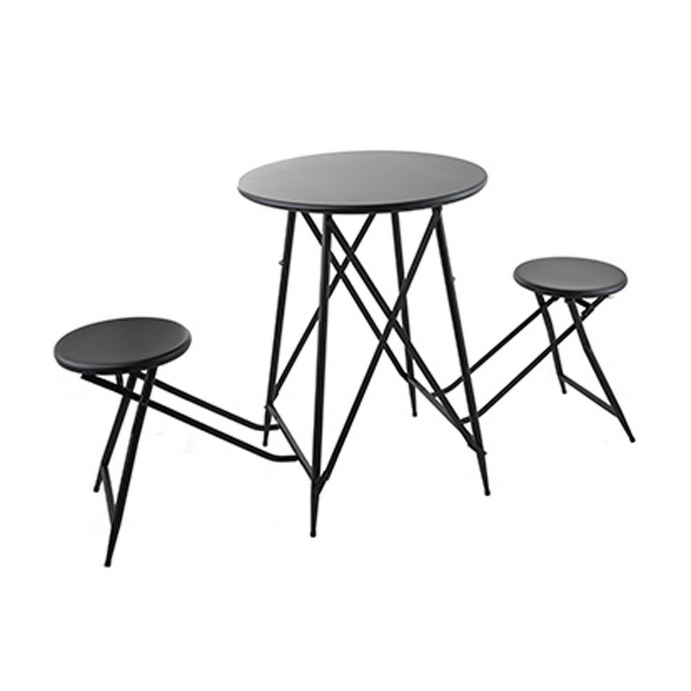Stowable Folding Side Table, 2 Stool Set, Round Top, Black Iron Cross Base - BM350041